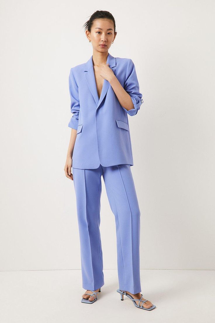 Tailored to perfection, this blazer is a sophisticated addition to love-forever wardrobes. Designed in a single breasted style with roll up detailing on the sleeves, it's perfect for curating on-and-off-duty looks for added versatility.  Discover our full range of women's jackets Luxury Tailored Light Blue Blazer, Maternity Trousers, Pant Suits, Petite Shorts, Maternity Swimwear, Tailored Blazer, Women's Jackets, Coat Outfits, Petite Jeans