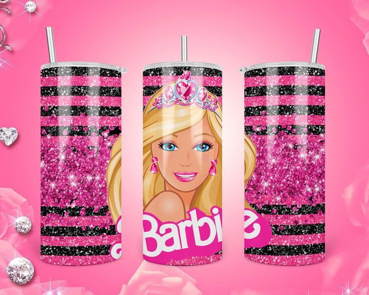 barbie birthday candles are decorated with pink and black glitters on the front, and in the back