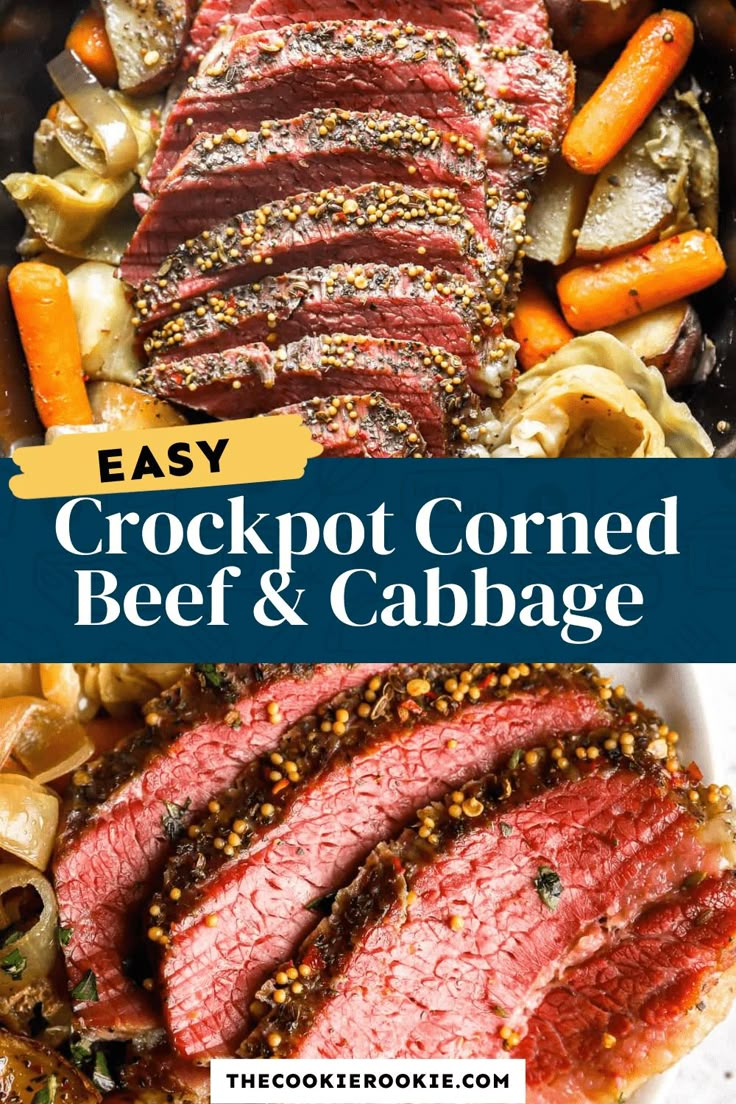 the crockpot corned beef and cabbage is served with carrots, onions, potatoes