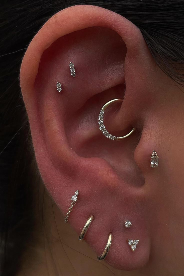 Buddha Jewelry ear curation Ear Piercing Minimalist, Curated Ear Piercing, New Ear Piercing, Minimalist Ear Piercings, Different Ear Piercings, Dripping In Gold, Ear Piercings Chart, Ear Curation, Double Ear Piercings