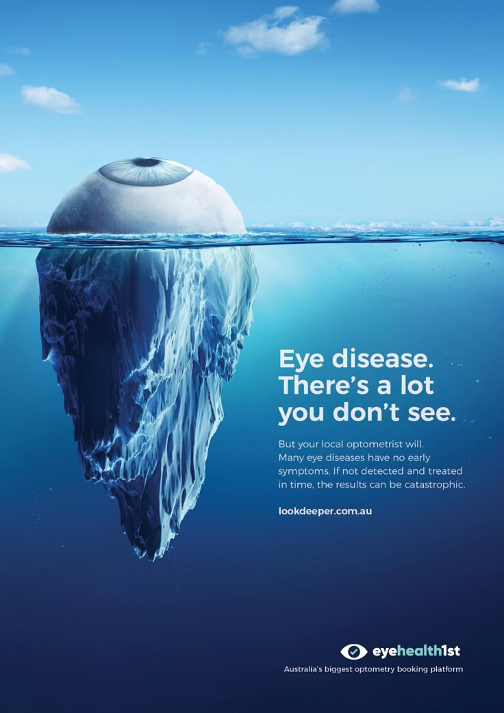 an iceberg floating in the ocean with text that reads eye disease there's not you don't see