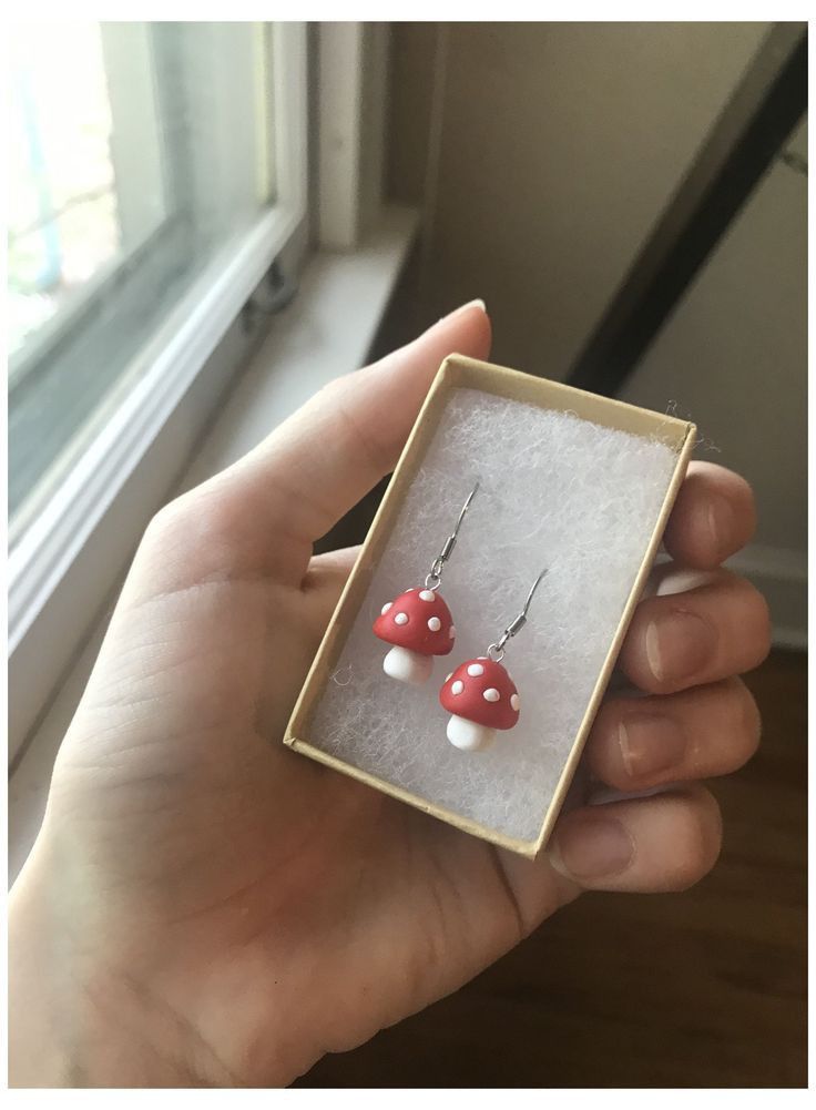 a person holding up a pair of red and white earrings in a box next to a window