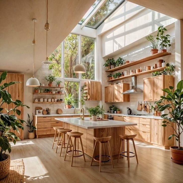 a kitchen filled with lots of wooden furniture and plants