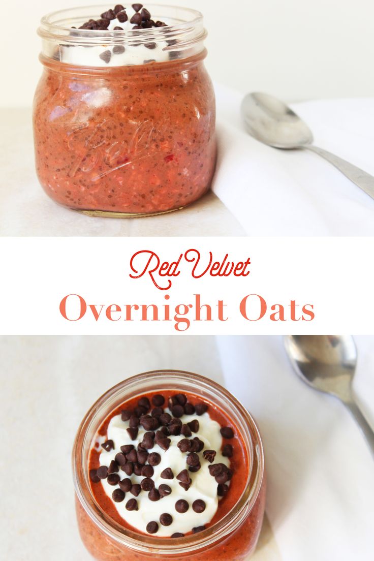 red velvet overnight oats with chocolate chips in a jar