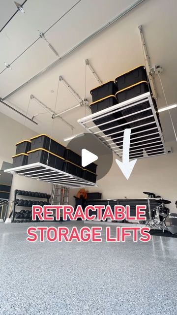 an overhead storage unit with the words retractable storage lifts above it and below