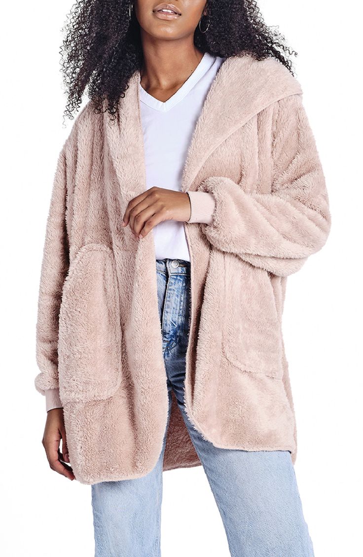 If a comfy robe and cozy blanket got together they'd create this wonderfully plush hooded wrap that's perfect for couch snuggles and coffee-shop hangouts. 32" length (size Small) Fixed hood Long sleeves 100% polyester Machine wash, line dry Imported Cozy Super Soft Outerwear, Cozy Hooded Outerwear With Soft Texture, Cozy Fitted Super Soft Outerwear, Comfy Super Soft Sleep Outerwear, Cozy Snug Outerwear For Loungewear, Snug Cozy Loungewear Outerwear, Comfy Super Soft Loungewear Outerwear, Comfy Super Soft Outerwear For Loungewear, Comfy Soft Outerwear For Loungewear