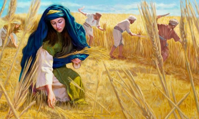 a painting of a woman kneeling down in the middle of a wheat field with other people