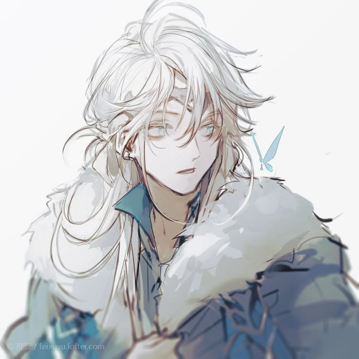 an anime character with white hair and blue eyes, wearing a fur collared coat