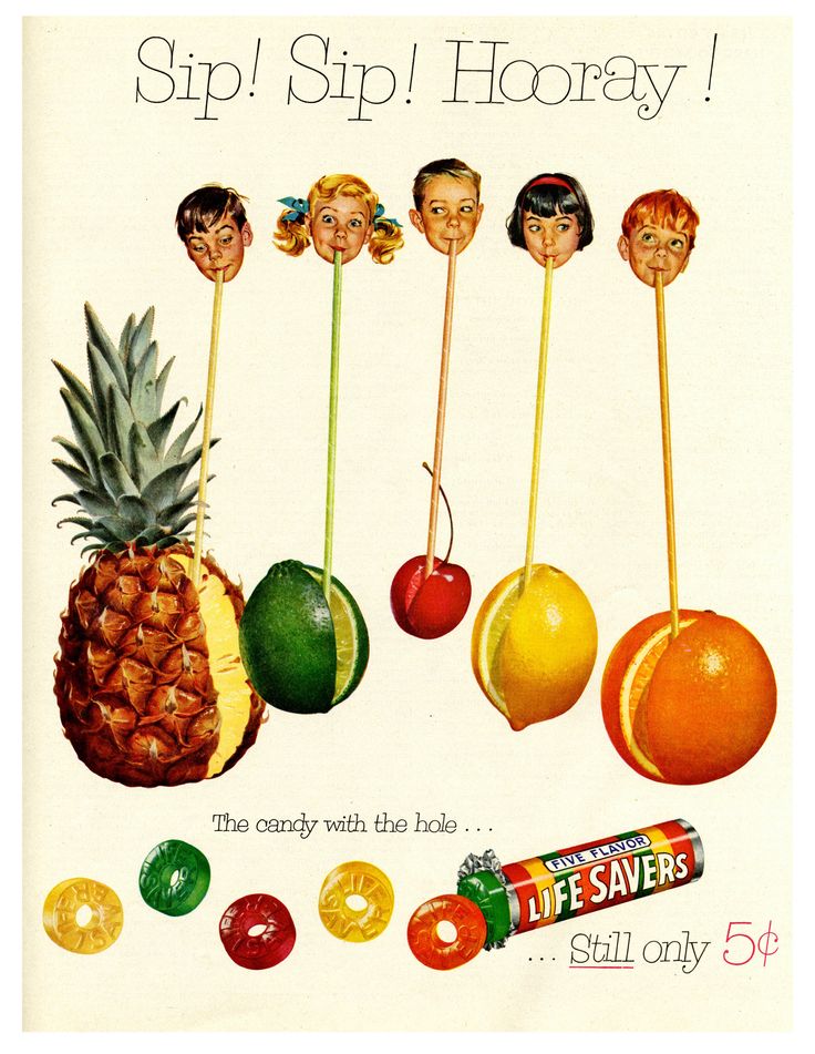 an advertisement for life savers with fruit and people on skewers in front of them