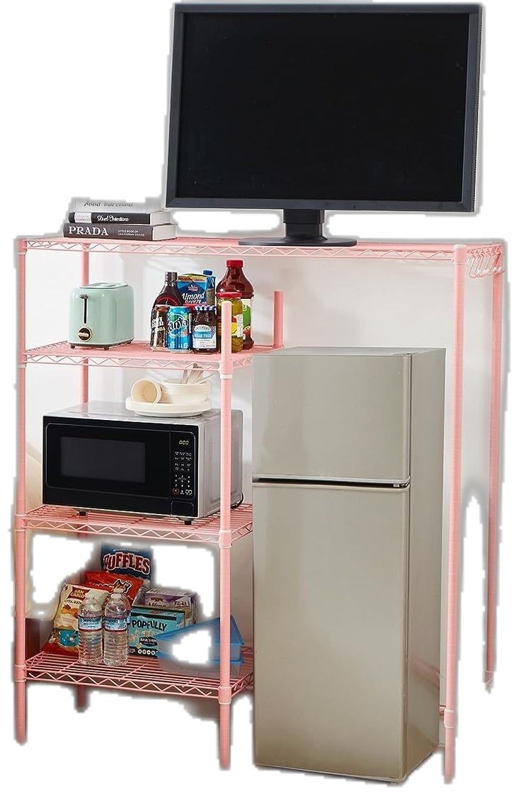 a microwave, refrigerator and shelf with food on it