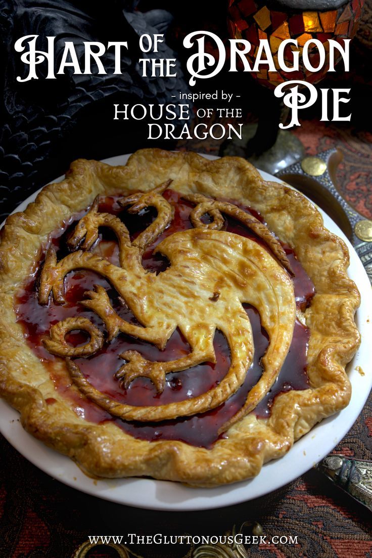 a close up of a pie on a plate with the words, heart of the dragon pie