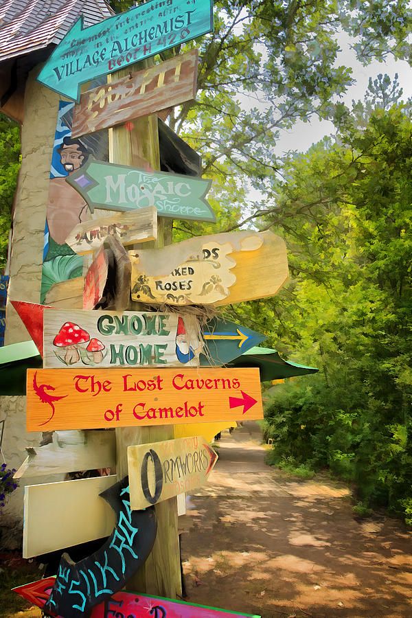 a wooden sign post with many signs on it's side and trees in the background