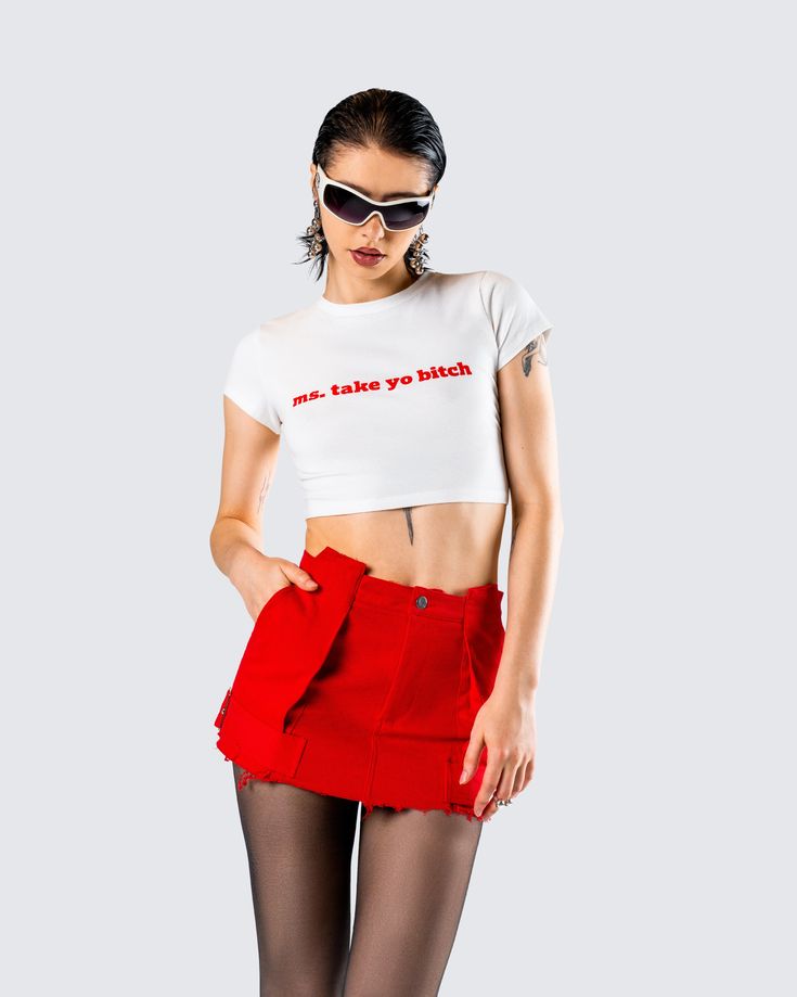 Where the baddies at 👀 This top made from jersey fabric and complete with a cropped fit and “ms. take yo b*tch” graphic is the top you wear when you want to give them a little warning 😜 Edgy Cotton Cropped T-shirt, Edgy Fitted Cropped T-shirt, Fitted Edgy Cropped T-shirt, Rebellious Cotton Tops For Streetwear, Rebellious Short Sleeve Tops For Streetwear, Rebellious Short Sleeve Streetwear Tops, Edgy Fitted Crop Top T-shirt, Edgy Fitted Tops With Text Print, Fitted Graphic Crop Top T-shirt