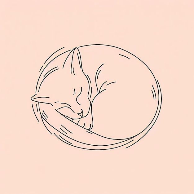 a black and white drawing of a cat sleeping in a circular frame on a pink background