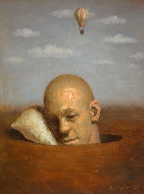 an oil painting of a man in a hole with a hot air balloon above him