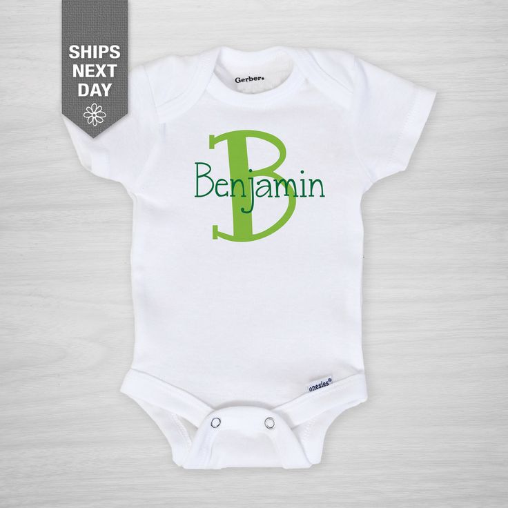 Initial Baby Onesie® personalized with baby's name custom made just for your little one in our Nashville studio! ► Sizing: We use only genuine Gerber onesies®. They tend to run small so we recommend sizing up if you are in doubt. (See size chart in listing photo.) ► Onesies ship the next business day after you order. ► Shipping is via USPS first class mail, but you can upgrade to Priority Mail or Express at checkout. ► Printing is done with water-based that has been certified by the ECO PASSPORT Name Onesie, Personalized Baby Onesies, Baby Birth Announcement, Plus And Minus, Baby Birth, Personalized Initials, Color Swatches, Gender Neutral Baby, Baby Month By Month