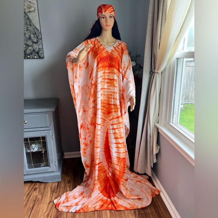 Beautiful Long Orange Silk Tie-Dye Dress Flowy Tie-dye Dress, Flowy Hand-dyed Tie-dye Dresses, Flowy Hand-dyed Tie Dye Dresses, Hand Dyed Maxi Dress, Hand Dyed Maxi Length Dress For Festival, Hand Dyed Maxi Length Dresses For Summer, Hand Dyed Flowy Summer Dresses, Hand Dyed Maxi Length Summer Dresses, Hand Dyed Maxi Dress For Summer