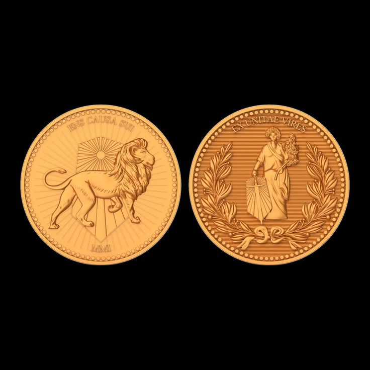 two gold coins with the image of a woman and a lion