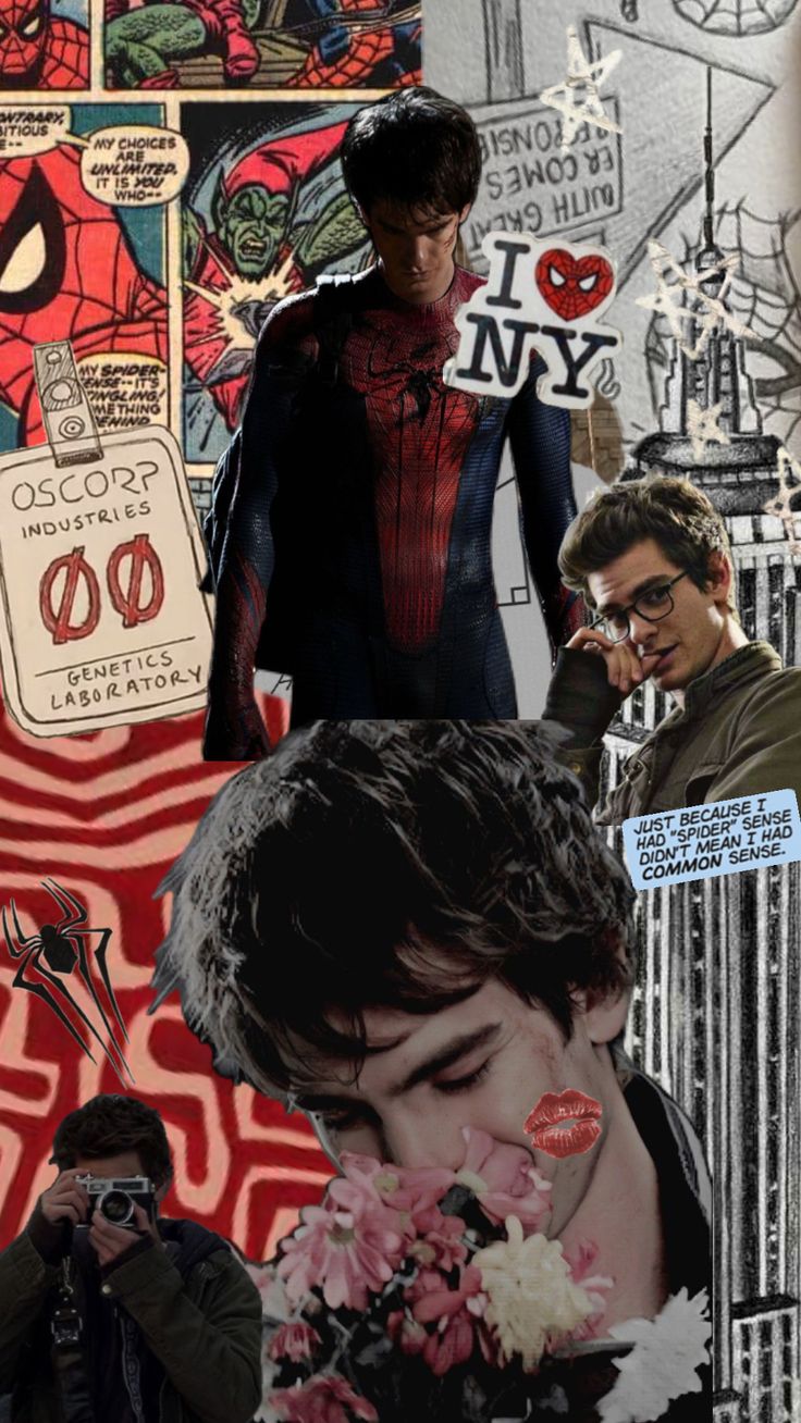 spider - man collage with many different pictures and words on the wall behind him