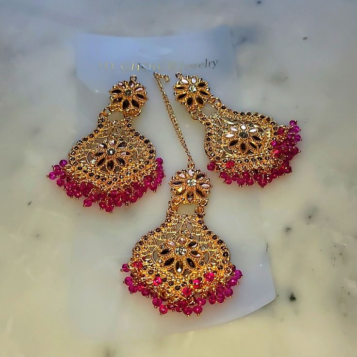 Brand New Pink Earrings Tikka Set, Wedding Jewellery, High Quality Indian Jewellery! Suitable For Wedding And Parties. Feel Free To Make An Offer Or Bundle Pink Bridal Earrings For Festive Occasion, Pink Bridal Earrings For Festive Wedding, Festive Pink Bridal Earrings As Gift, Festive Pink Bridal Earrings For Gifts, Festive Pink Bridal Earrings For Wedding, Pink Chandbali Earrings For Wedding, Pink Chandbali Wedding Earrings, Bollywood Style Pink Chandelier Earrings As Gift, Pink Bollywood Chandelier Earrings As Gift