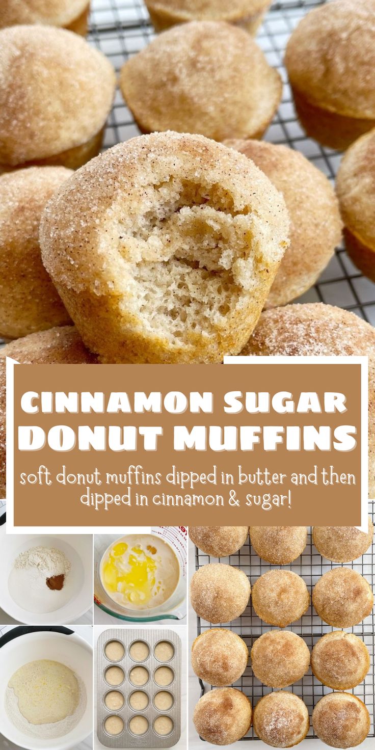 cinnamon sugar donut muffins on a cooling rack, with the words cinnamon sugar donut muffins above them