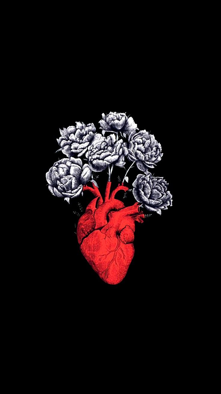 a drawing of a heart and flowers on a black background