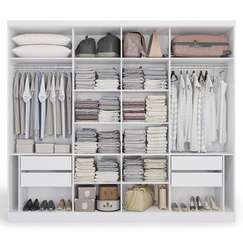 an organized closet with clothes and shoes