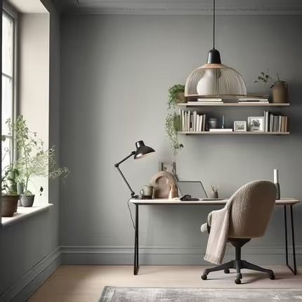 a room with a desk, chair and shelves on the wall next to a window