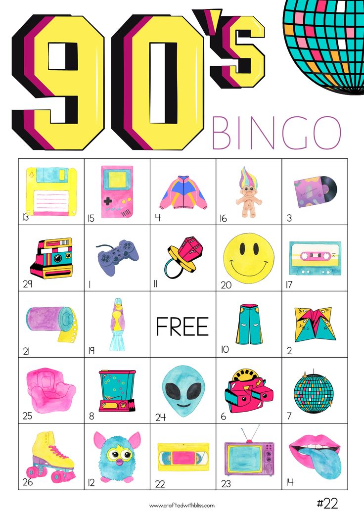 a poster with the words 90's bingo on it