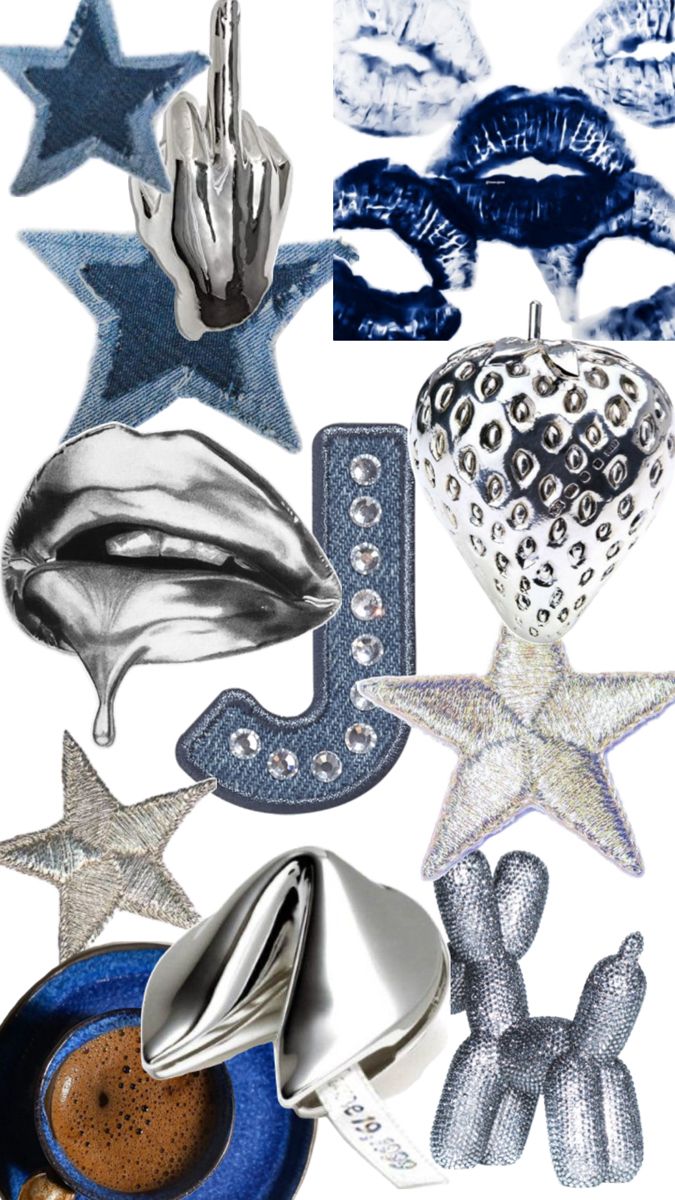 some silver and blue items are on display in front of a white background with stars