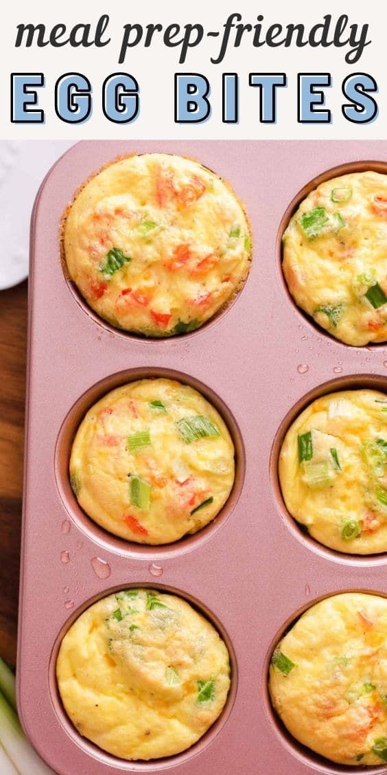 egg muffins in a pink tray with text overlay that reads meal prep - friendly egg bites