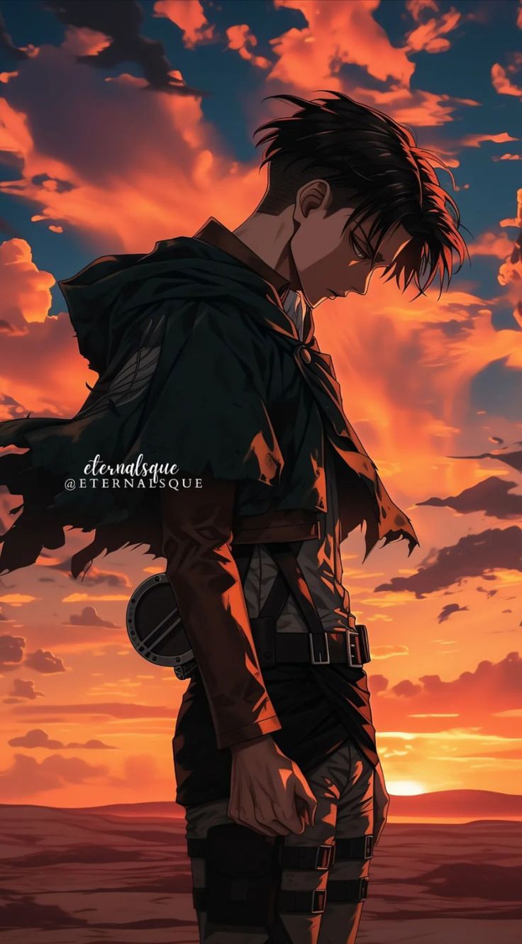 a man standing in front of a sunset with his hand on his hip and looking down at the ground