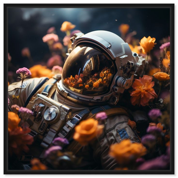 a space suit with flowers in the background