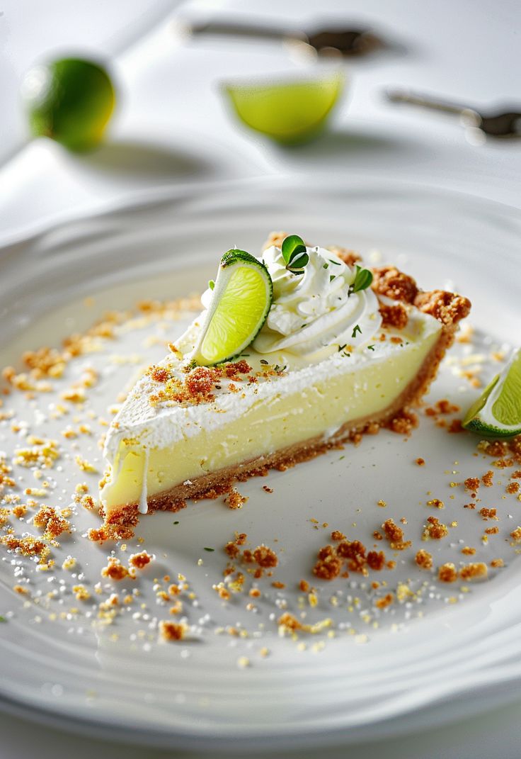 a white plate topped with a slice of pie covered in whipped cream and limes