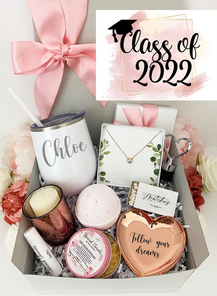 the class of 202 gift box is filled with personalized items and has a pink bow