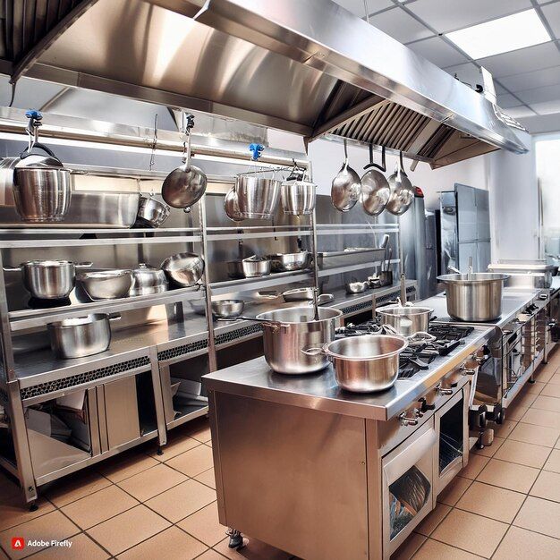 a large kitchen with many pots and pans on the counters