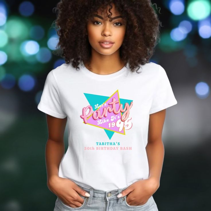 90s retro, party like it's 1995 30th birthday party shirt.  Great for people born in the 1990s. Retro Graphic Print Party Tops, 90s Style Summer Party T-shirt, Retro Party Tops With Graphic Print, Fitted Custom Print T-shirt For Party, Retro Graphic Print Tops For Party, 90s Short Sleeve Party Tops, Fun Graphic Print T-shirt For Party, 90s Style Short Sleeve Party Tops, Fun Graphic Print Tops For Party