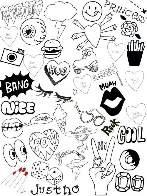 various stickers are shown in black and white