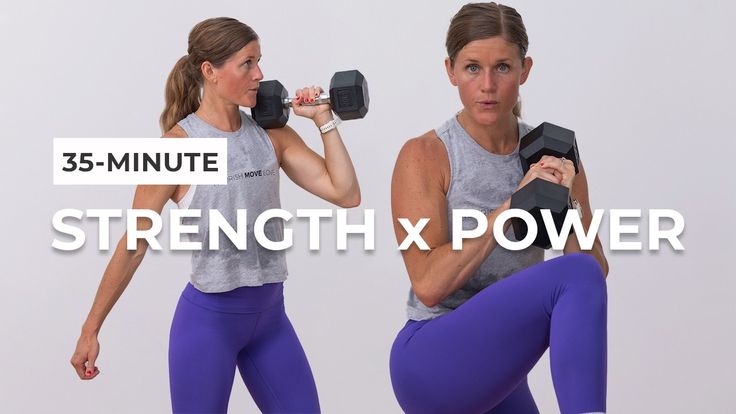 two women are doing exercises with dumbbells and one has the words strength x power