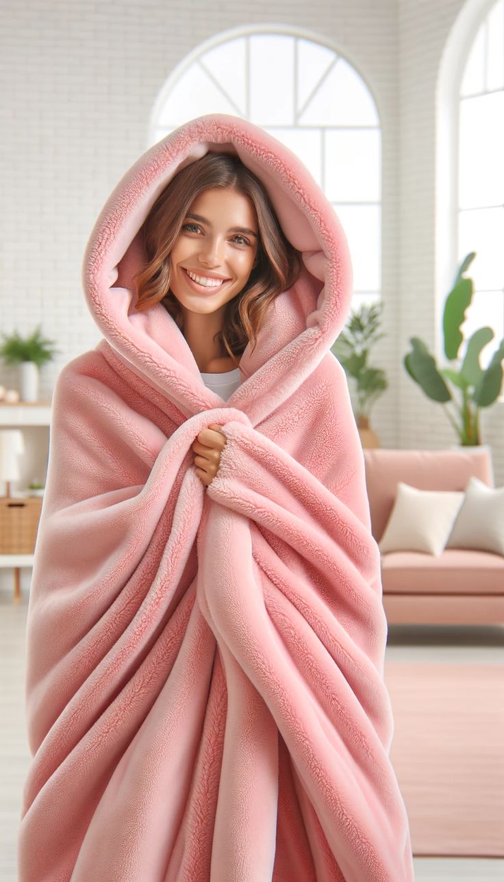 a smiling woman wrapped in a pink blanket