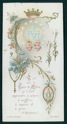 a card with an ornate frame and cross on the front, surrounded by blue flowers