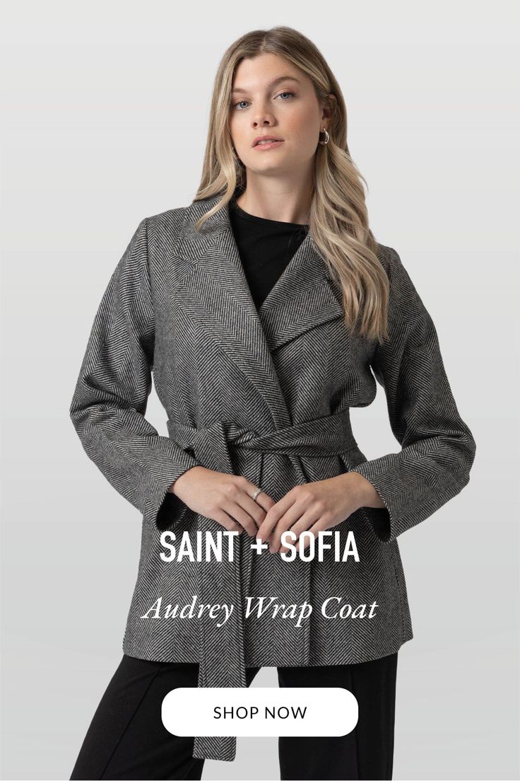 A classic and elegant self-wrap detail coat in our unique Chevron pattern.  Each coat is tailored by hand using the softest wool fabric that's both comfortable and warm.  We designed the Audrey Coat with a chic silhouette that complements your shape.  With its fully lined interior, back neck chain, and red internal piping, it offers a luxurious feel and exquisite detailing that elevates its appeal.  Wrap yourself in comfort and class with this must-have addition to your wardrobe for those seekin Elegant Fitted Sweater Coat With Shawl Collar, Elegant Wrap Outerwear For Work, Elegant Belted Wrap Outerwear, Elegant Wrap-style Belted Outerwear, Wool Wrap Outerwear For Fall, Fitted Wrap Winter Outerwear, Fitted Wrap Outerwear For Winter, Daytime Dress, Office Clothes