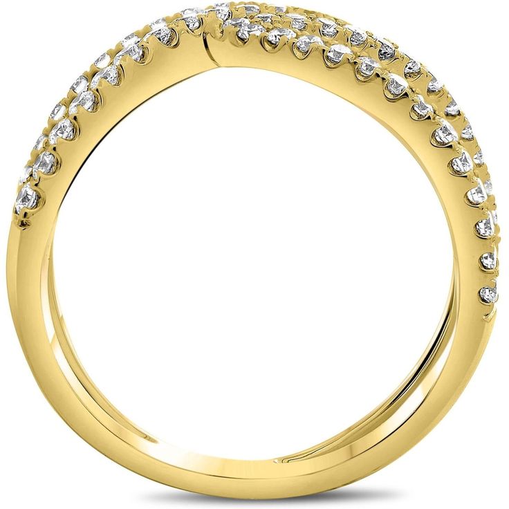 a yellow gold wedding ring with rows of diamonds