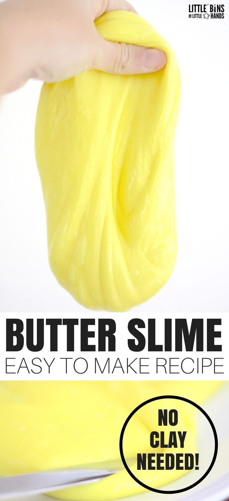 a hand holding a yellow slime in front of a plate with the text, butter slime easy to make recipe no clay needed