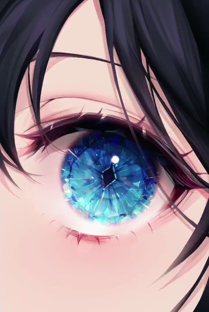 an anime character's blue eye with long black hair and dark brown eyes is shown