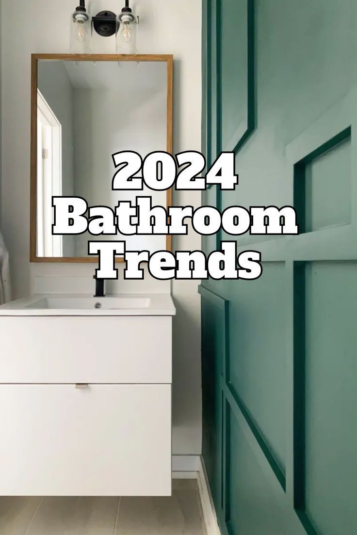 a bathroom with the words, 2020 bathroom trend in white and teal green colors