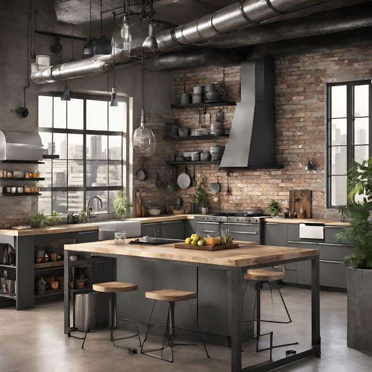 an industrial style kitchen with brick walls and stainless steel appliances, counter tops and stools