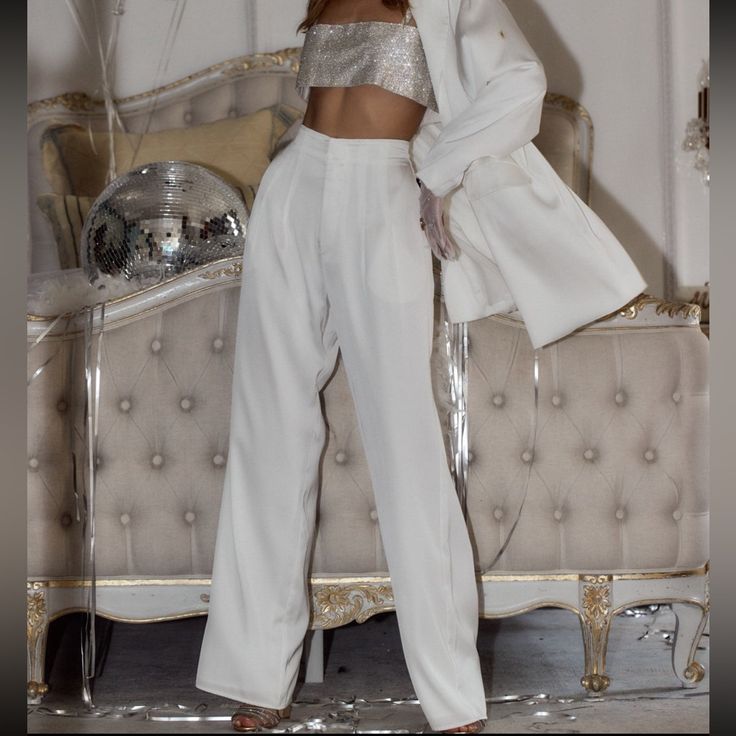 Brand New 12th Tribe White Satin Trousers! Love These Pants So Much Just A Little Too Big On Me. Never Worn Nwt Have 33 5 Star Reviews Online Right Now! Great Quality Pant Chic Full-length Wedding Bottoms, Chic Full Length Wedding Bottoms, Elegant Straight Leg Wedding Bottoms, White Straight Pants For Evening, Chic Tailored Wide Leg Pants For Party, Chic Full Length Wide Leg Pants For Wedding, Tailored Bottoms For Spring Wedding, Tailored Evening Bottoms For Summer, Elegant Party Pantsuit With Pockets