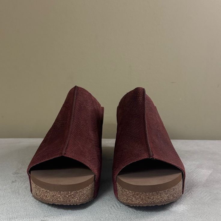 Suede, Slip On Wedge. Approximately 2.75 " Heel Height. - Burnt Orange Color Suede Sandals With Wooden Wedge Heel, Wedge Sandals With Wooden Heel, Suede Wedge Sandals With Cushioned Footbed, Suede Heels With Cushioned Footbed And Wedge Heel, Suede Wedge Sandals Medium Width, Medium Width Suede Wedge Sandals, Suede Sandals With Stacked Wedge Heel, Medium Width Suede Open Toe Wedge Sandals, Suede Open Toe Wedge Sandals With Stacked Heel