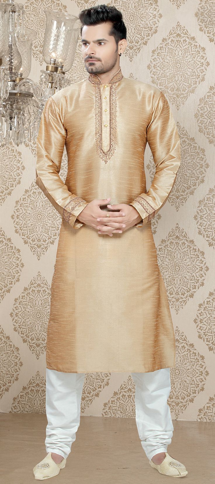 501855 Gold  color family Kurta Pyjamas in Art Silk fabric with Machine Embroidery,Thread work . Travel Nepal, Wedding Outfits For Groom, Groomsmen Outfits, Men Kurta, Bridal Party Outfit, Kurta Men, Mens Kurta Designs, Mens Kurta, Beige Art